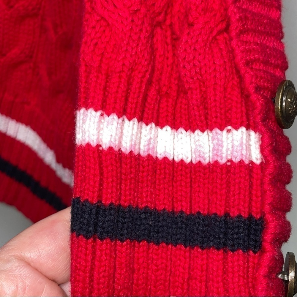 Vintage Twisted Cable Knit Sweater Long Cardigan Red Crest Rampant Lion Buttons - Picture 7 of 11